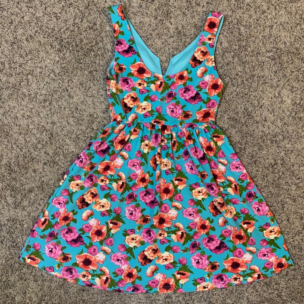 OBOE Women's Floral V Neck A Line Dress Medium Blue Pink Coral - Picture 2 of 8